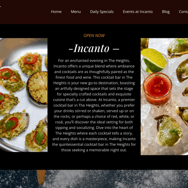 Incanto Houston SEO portfolio example showing on-page optimizations and ranking improvements for a restaurant website